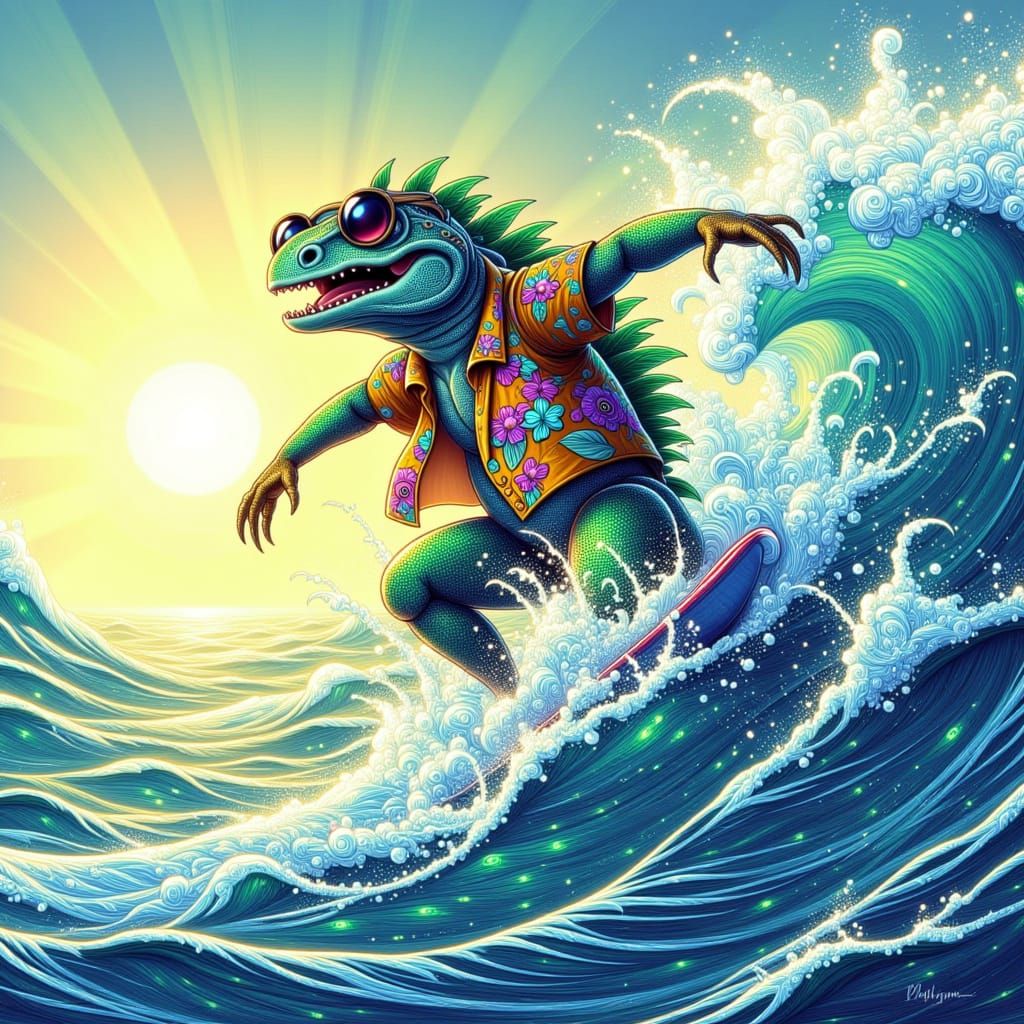 Gary the Iguana Dude Surfing <lora:GemmyGem:1.0>