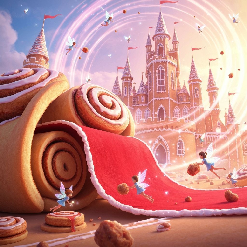 a giant cinnamon roll unrolls itself like a red carpet before a castle made of gingerbread while tiny fairies eat parts of it. cute, fantasy...