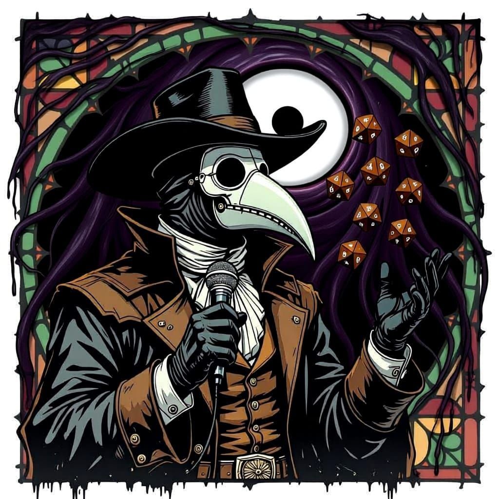 A striking picture of a plague doctor dressed as a cowboy. The image is rendered in a macabre stained glass style with muted colors , remini...
