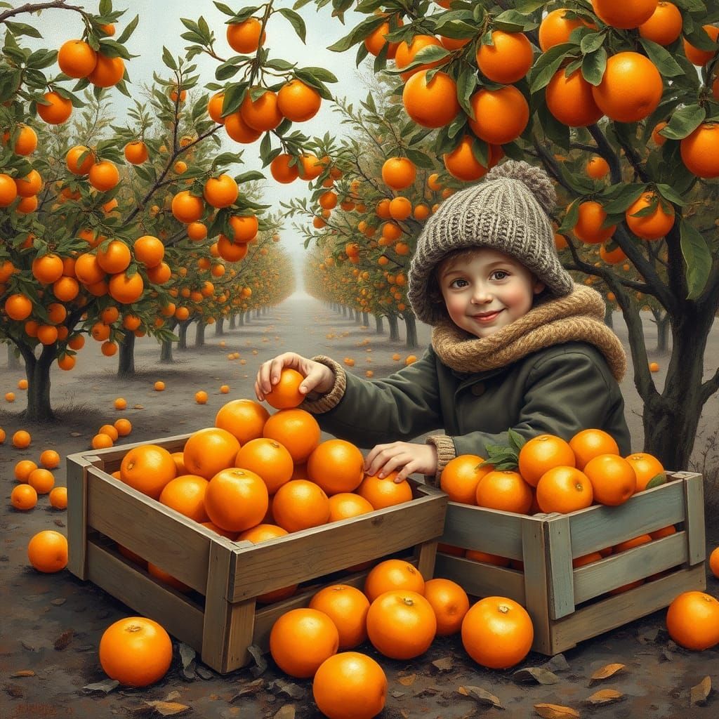Smiling Boy Picking Oranges in Winter Orchard