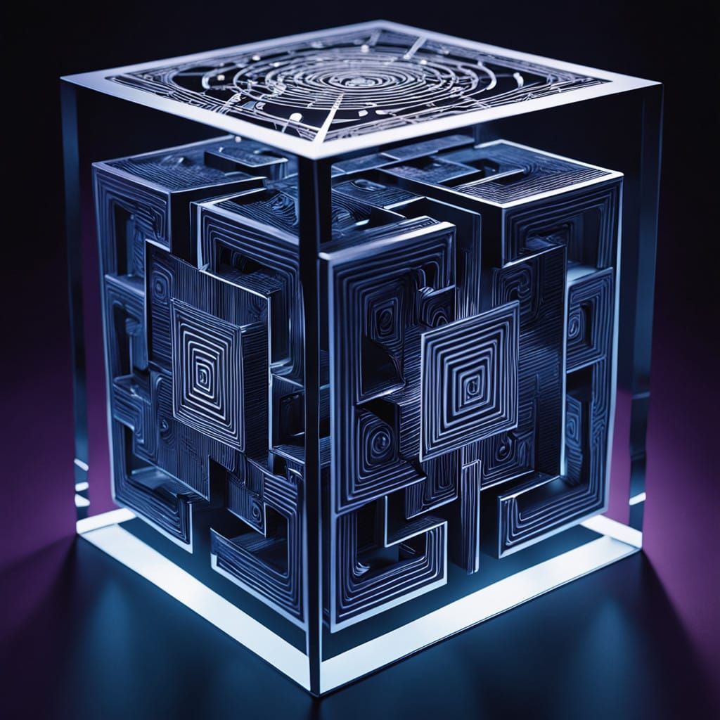 Create a surreal 3D titanium maze shaped like a cube, composed of intricate lines resembling sheet music, with musical notes floating and sp...