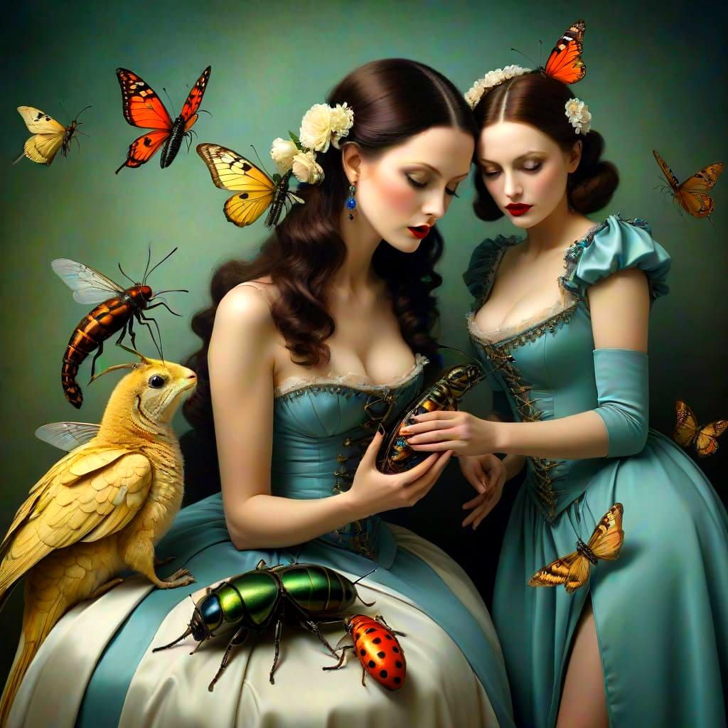 Elegant Ladies Interact with Whimsical Insect-Like Creatures...