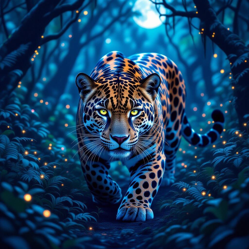 A majestic jaguar with fur patterned like a vibrant disco ball, prowling through an enchanted forest ...  by @Rizookies