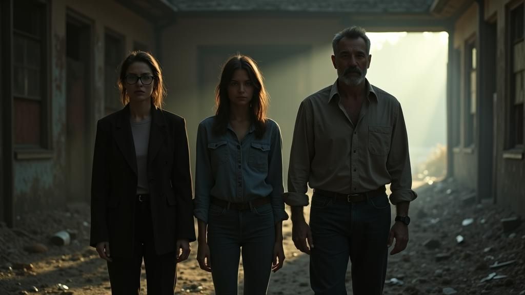 Wide shot of a dark, debris-filled room,Evelyn(late 40s, dark hair with gray streaks pulled back, piercing eyes behind glasses, blazer and s...