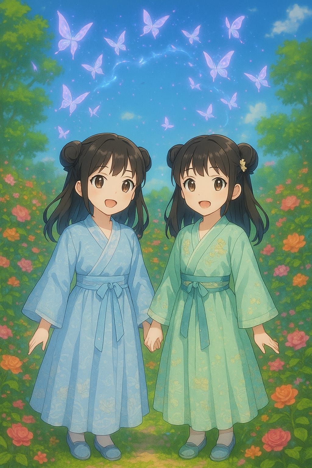 Twin Sisters in a Blossom Garden