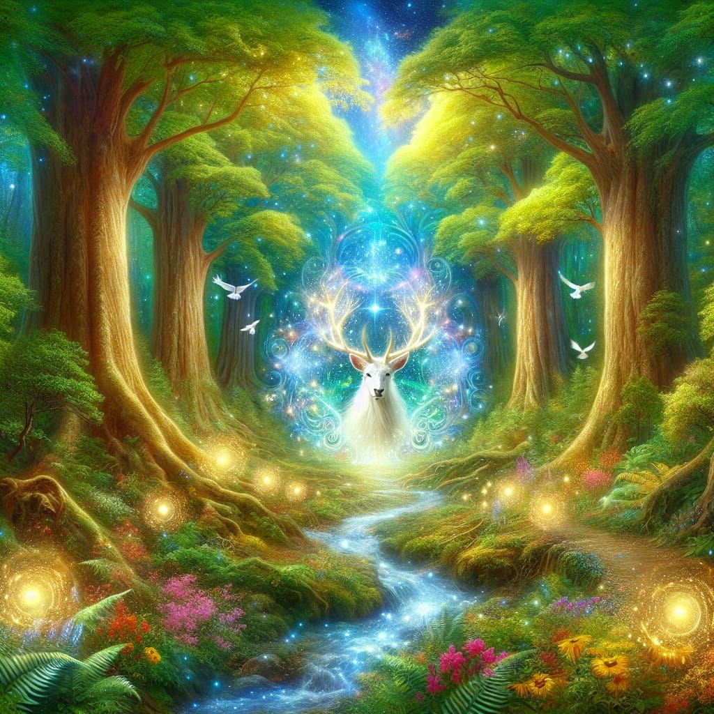 A wise animal is centered on a earthy forest path. He seems to stare at the camera and glows an ethereal cosmic energy around him that swirl...