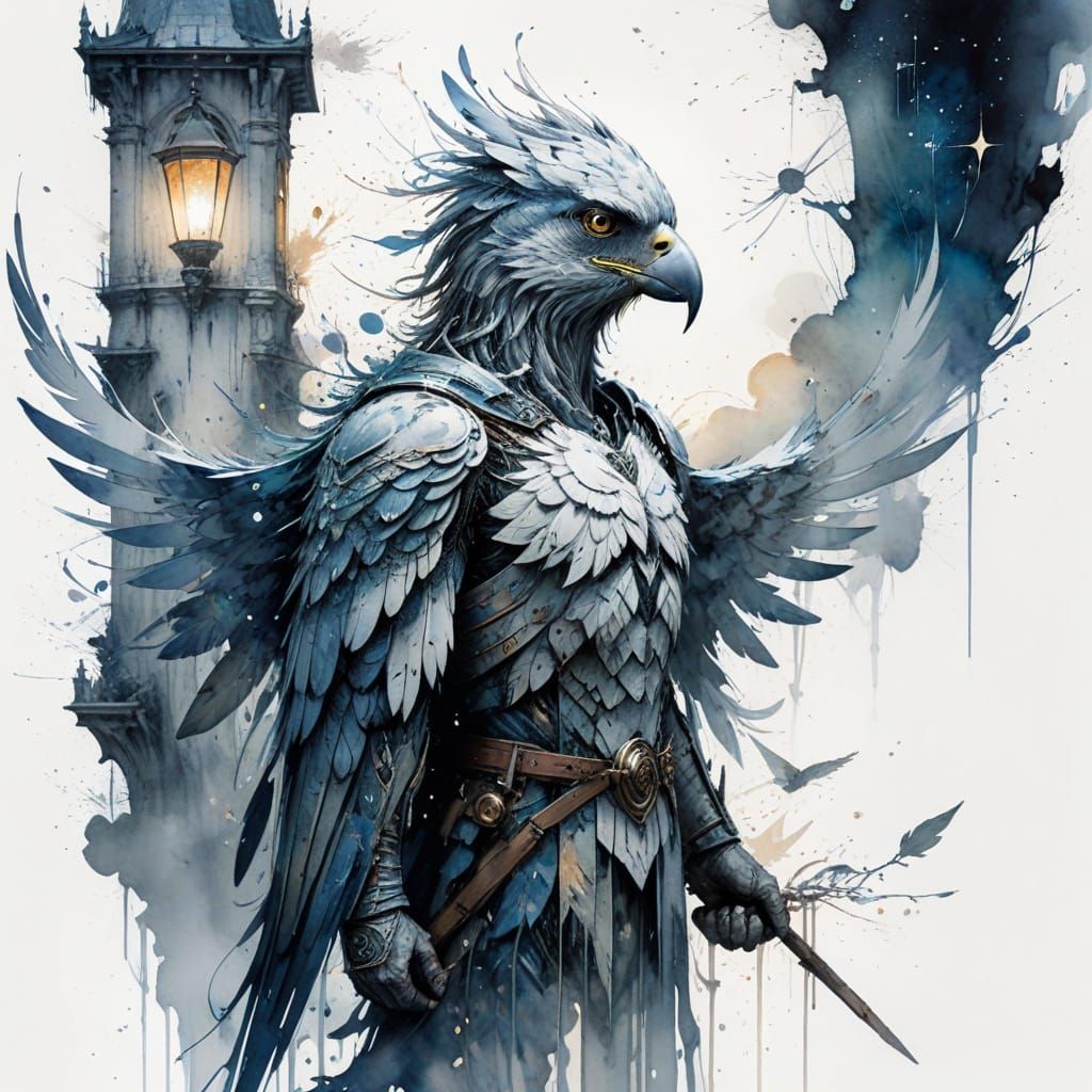 Moonlit Guardian Hawk in Watercolor Style