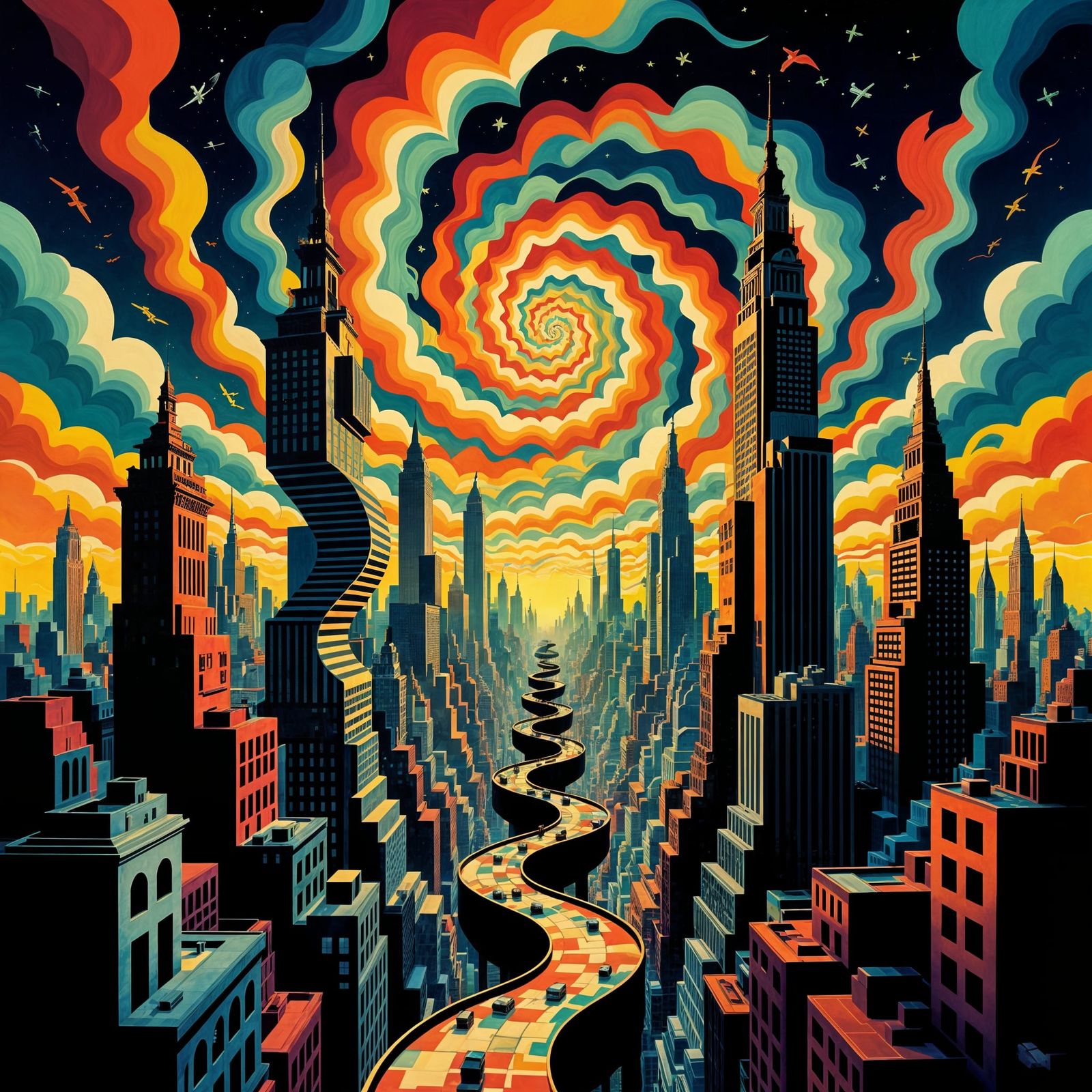 a surreal cityscape where buildings twist and contort in impossible ways, defying the laws of physics ...  by @JenG