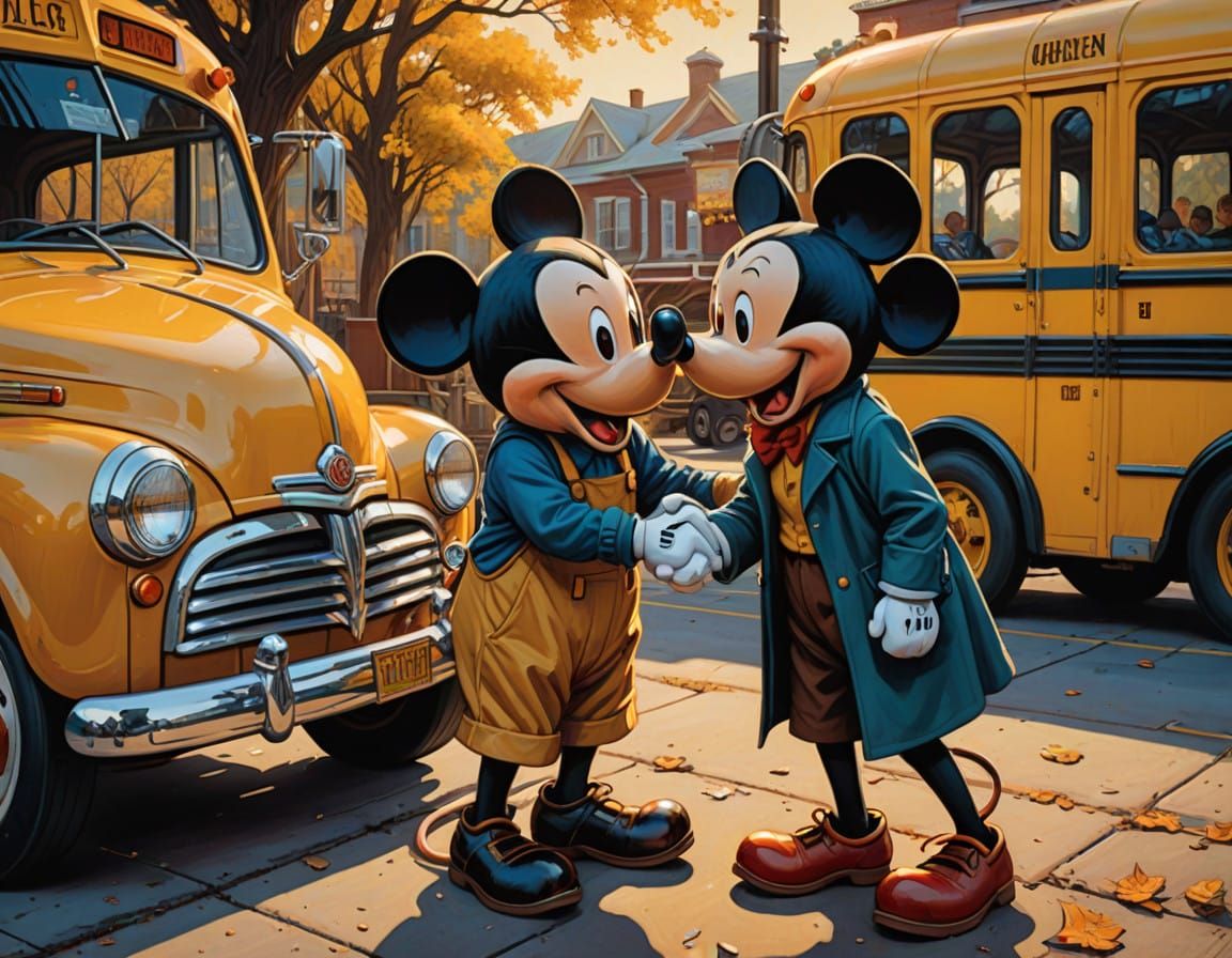 Martha Mouse, Mickey’s mom, shaking a young Mickey Mouses hand just before he gets on the school bus to go to school. 