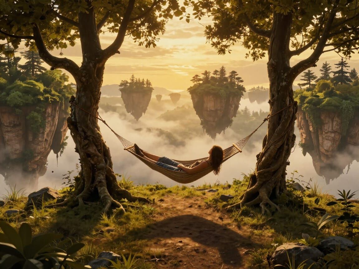 Person in a hammock betweeen two trees, looking over the edge of the aerial floating island, with other ...  by @FlibbertyGibbitt