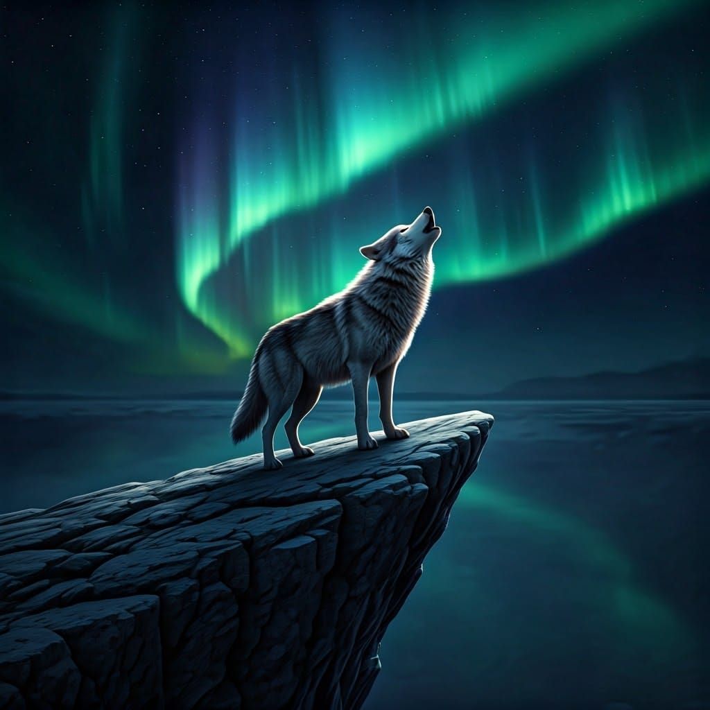 Regal Wolf Howling Under Northern Lights