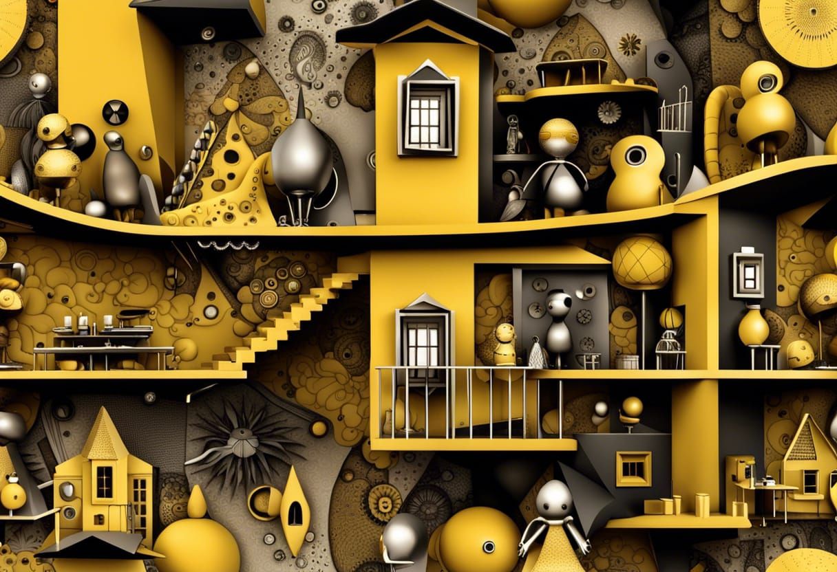 yellow dollhouse with puppets figurines inside and outside c...