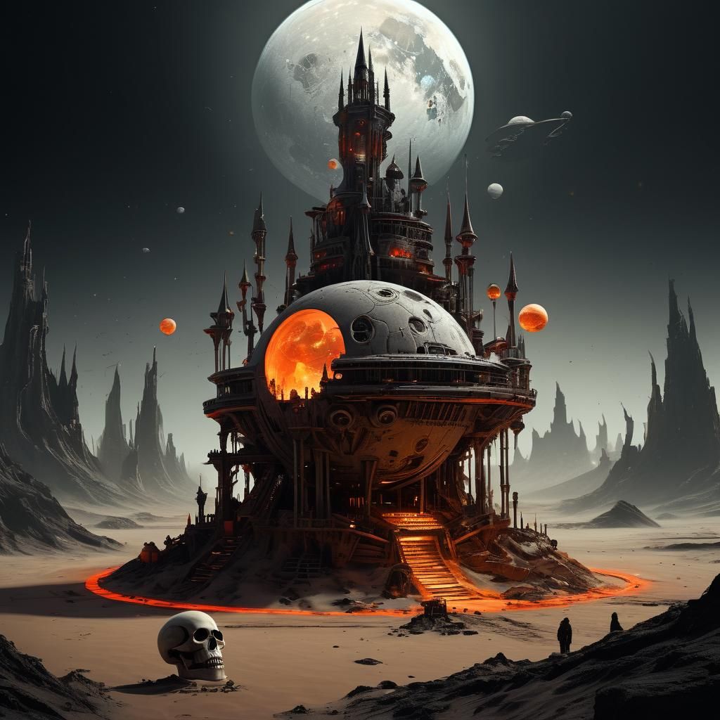 Un pianeta grigio e ocra, scheletri, ossa e teschio nella sabbia, una torre larga sotto e sempre più sottile che finisce con un bulbo rosso...