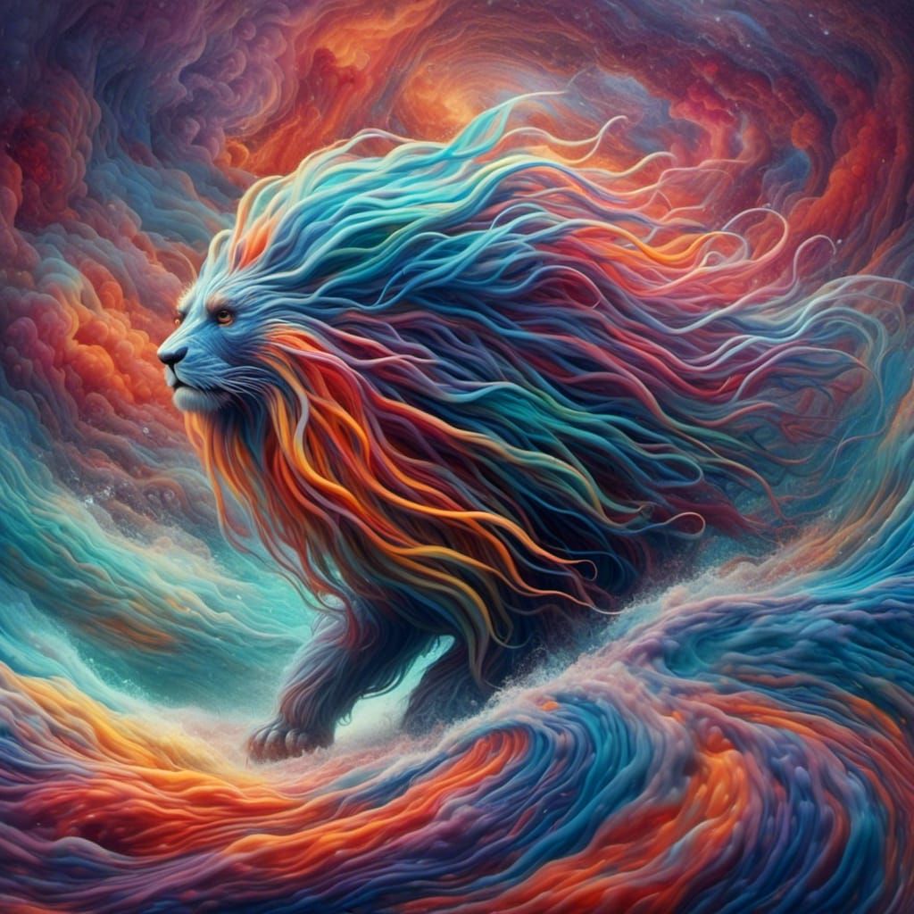 <lora:Furry Fury:1.0> a lake of colorful non-newtonian fluids, vibrations causing the fluid to rise up ...  by @BellaBoo