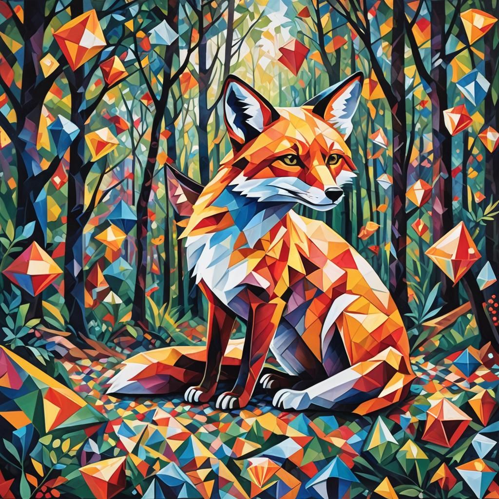 Paper Fox in Diamond Forest: Cubist Geometric Art