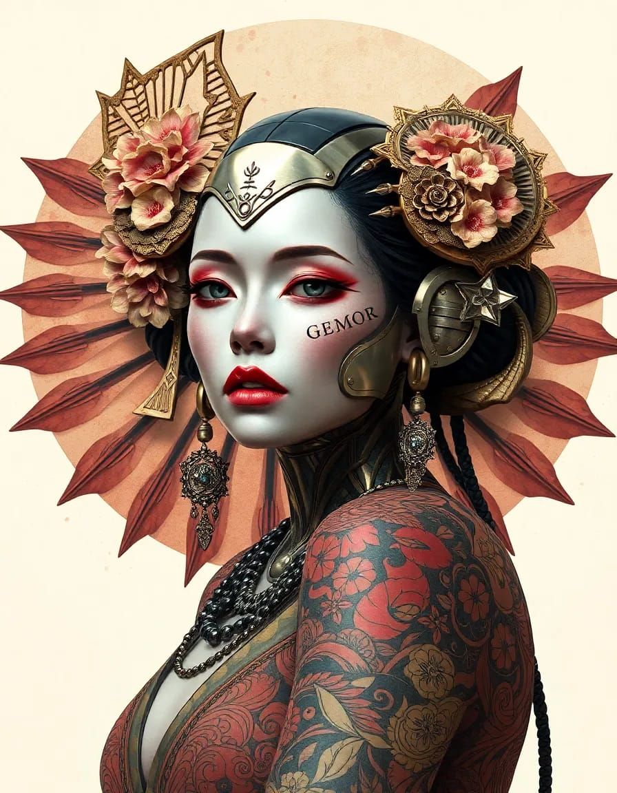 An image of a mesmerizing, cyborg geisha