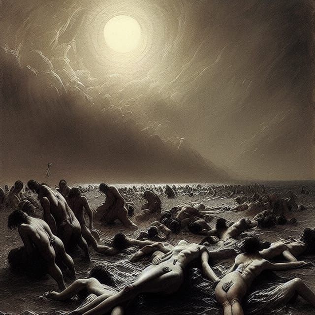 beach of human arms and corpses