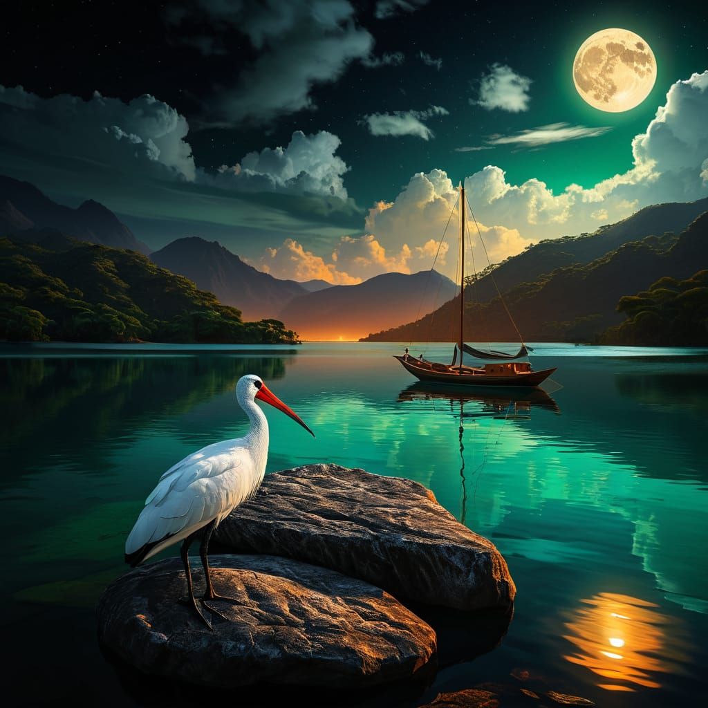 African Sacred Ibis is nesting on a large rock in the lake