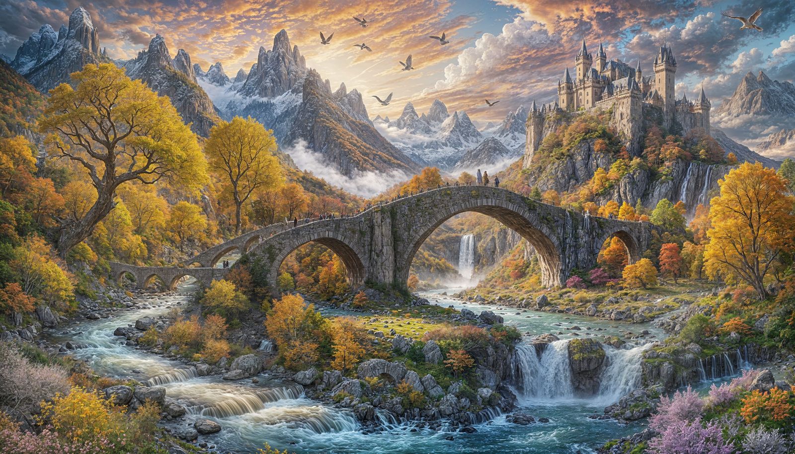 A highly detailed and richly colored digital painting of an epic fantasy landscape. The scene features ...  by @Itzla