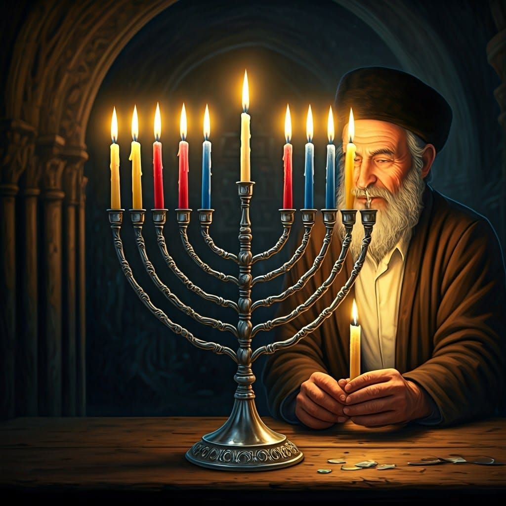 Illuminated Menorah with Hasidic Man in Fantasy Art Style