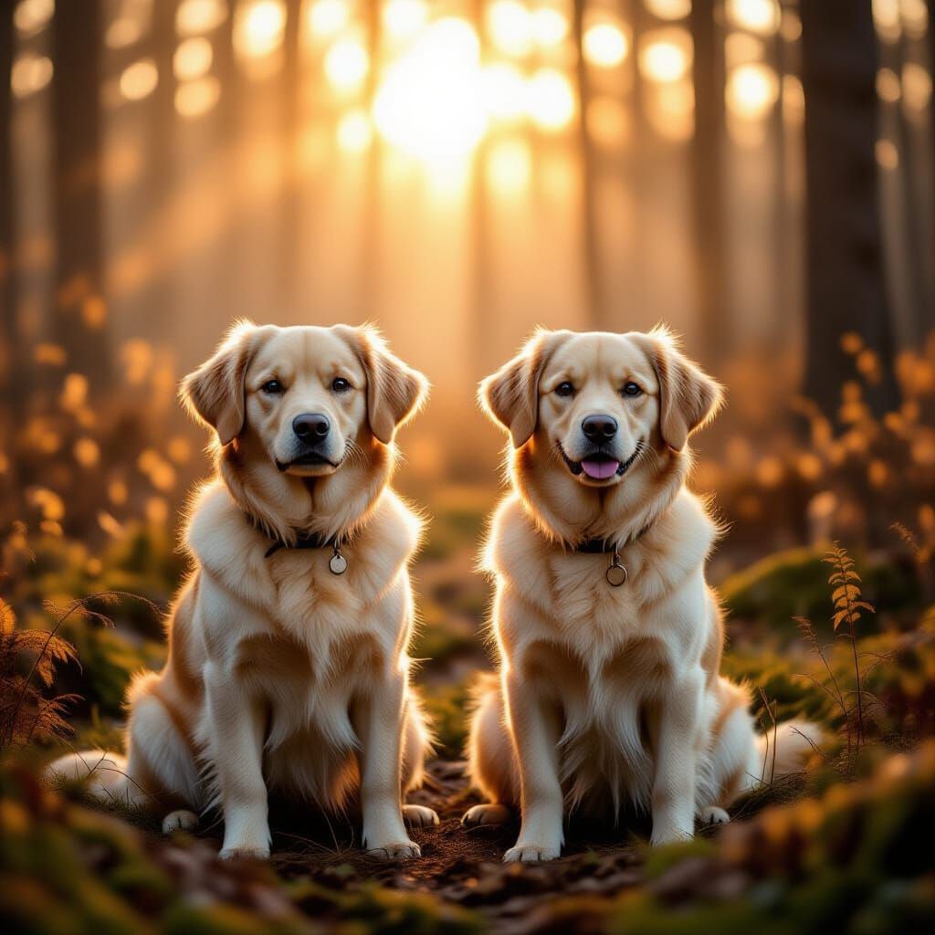 Adorable Labradors in Misty Forest, Hyperrealistic Image