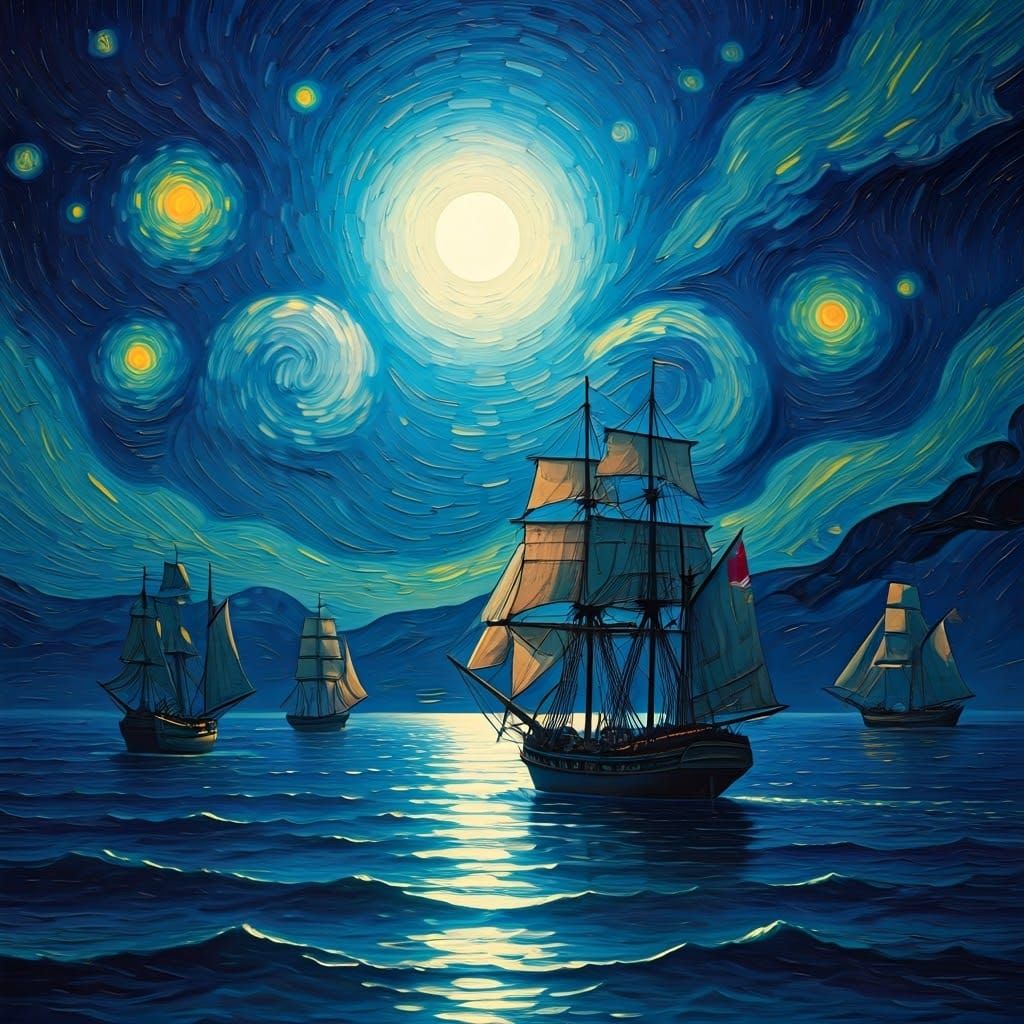 Vibrant Ships Sail Across Nocturnal Sea Under Starry Night S...