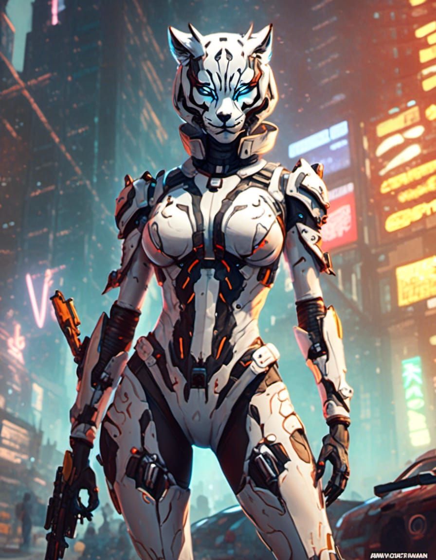 <lora:HeadSpace:1.0>  dublex Very realistic hyperealistic hyperdetailed art of cyberbabe bounty hunter white tigress :: foxy smouldering fox...