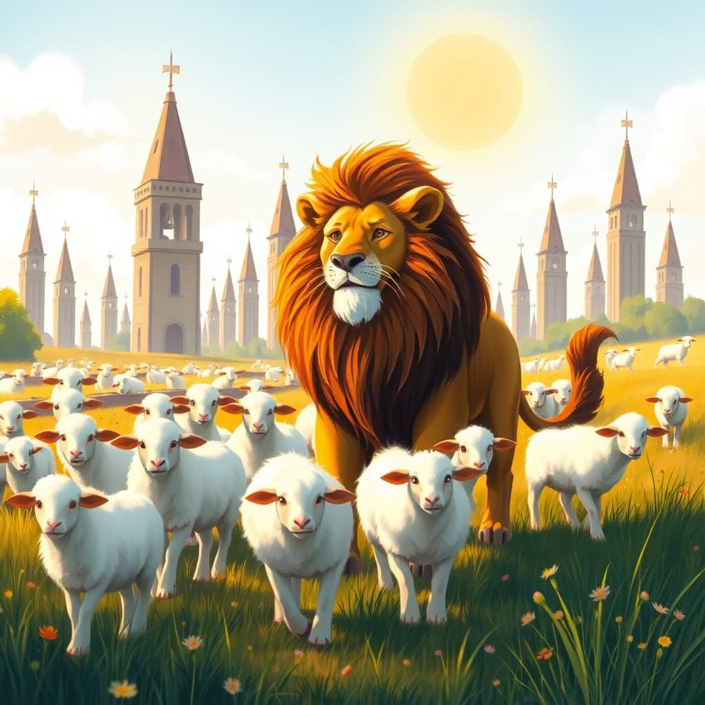 Majestic Lion Leads Sheep in Meadow with Bell Towers