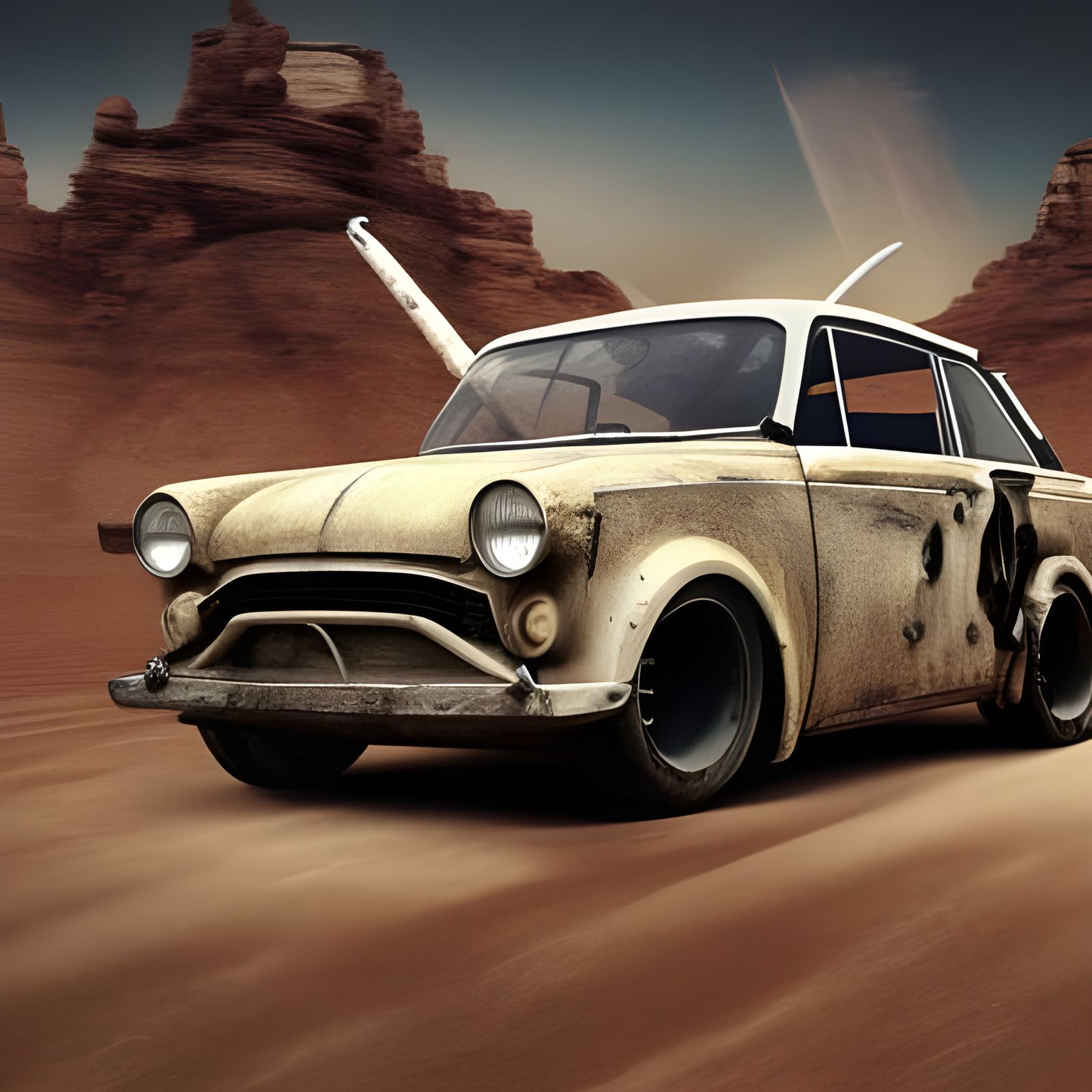trabant 601 as a madmaxcar. hyperdetailed and hyperrealism