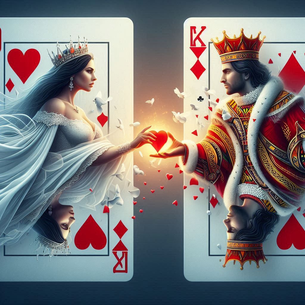Queen of hearts and King of diamonds holding their hands