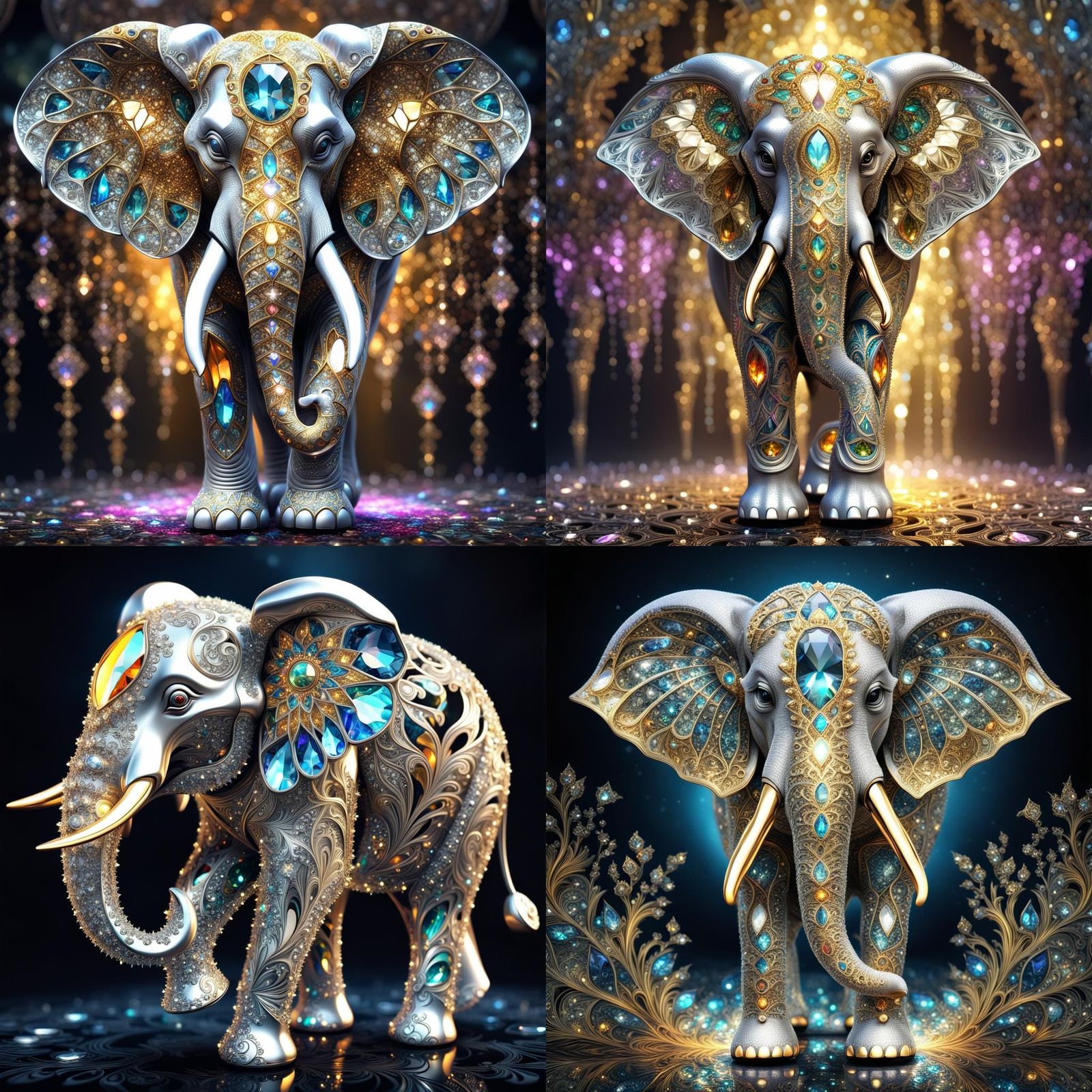 Sparkly Elephant made of crystal sparkle, glitter silver and neon, extremely detailed fractal , fractal gems, fractal cr...