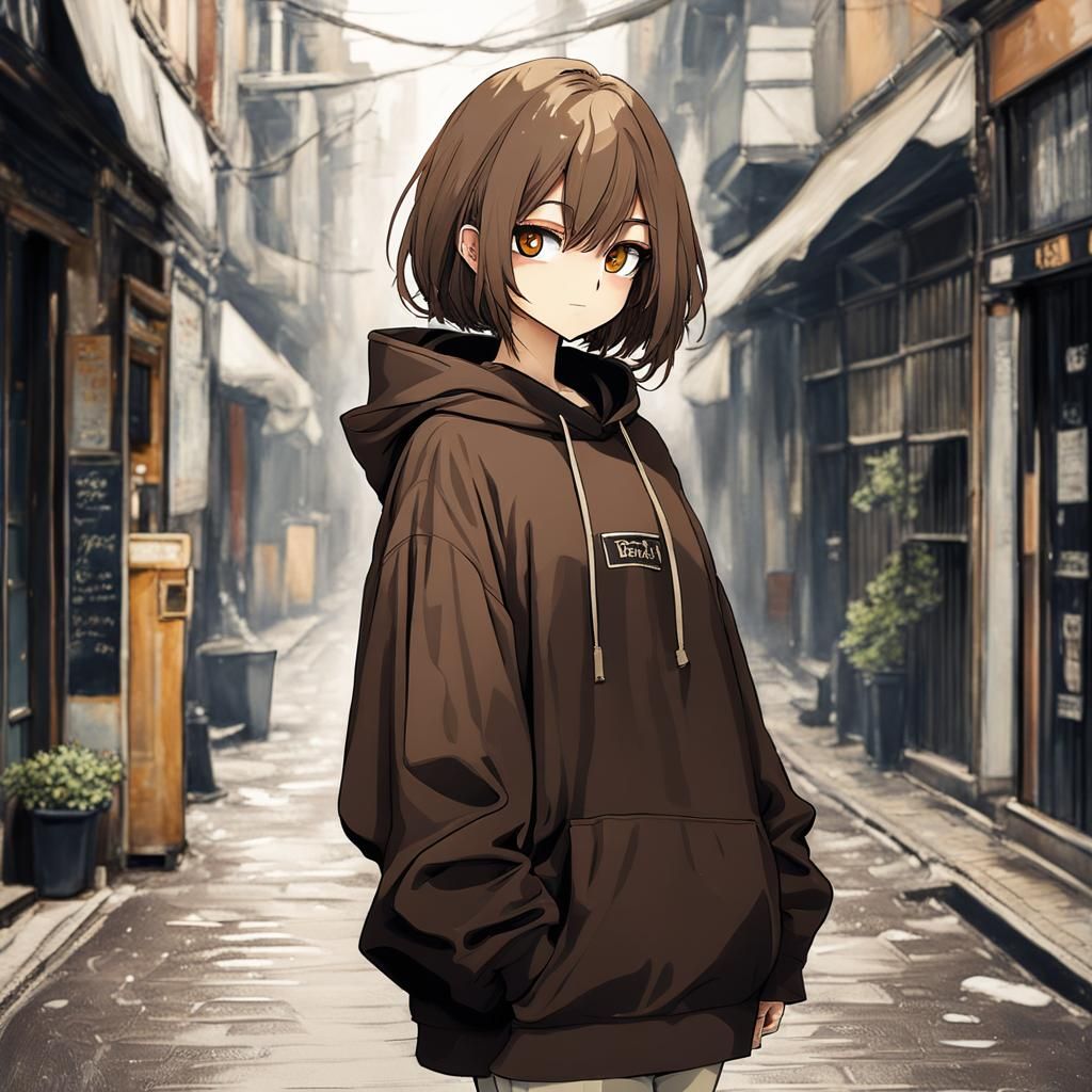 Girl with Brown Hair in Oversized Hoodie