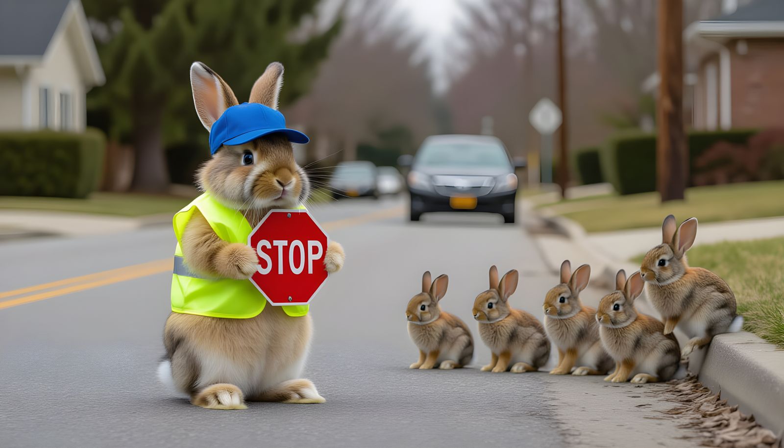 A Bunny Rabbit As A Crossing Guard, Holding A Stop Sign So Other Rabbits Can Cross The Road safely  by @KOSH