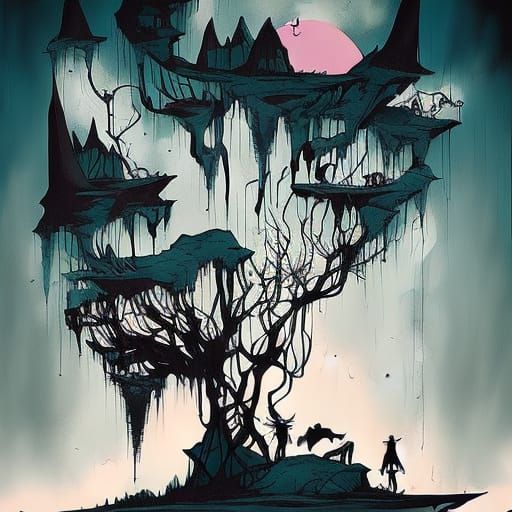 A shadowy tree with mountains and a figure
