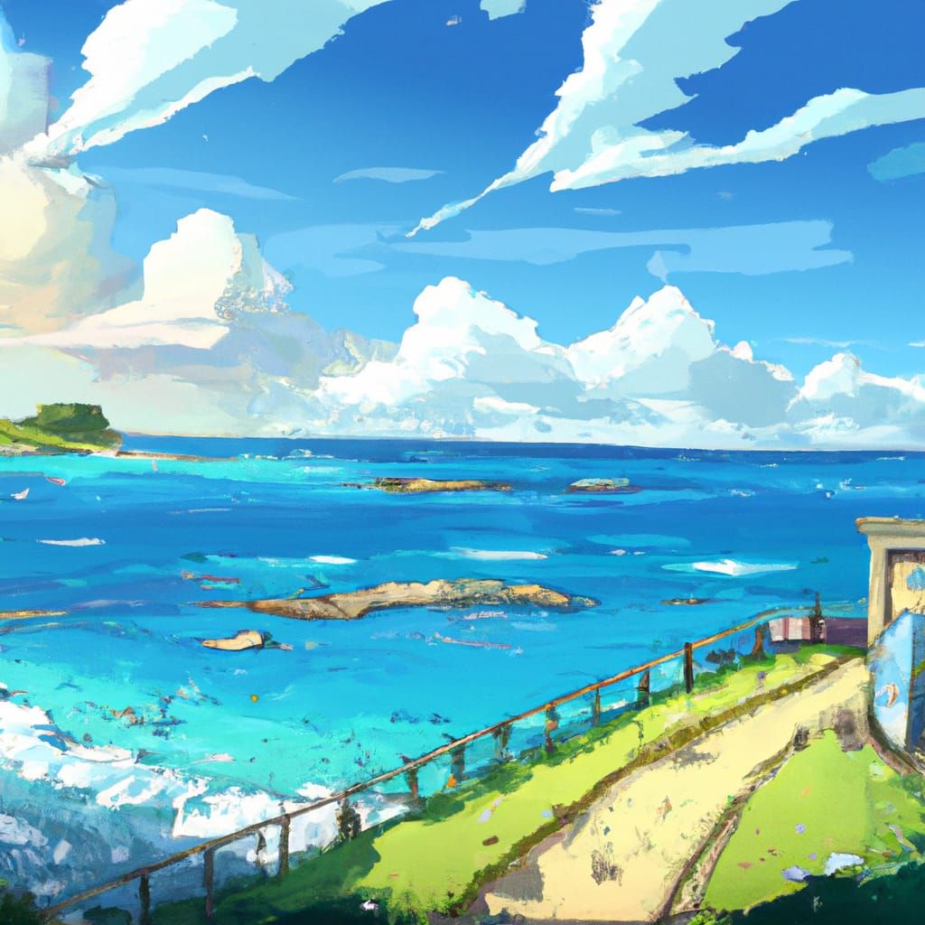 bay on a sunny day, view from the top of a hill by artist 