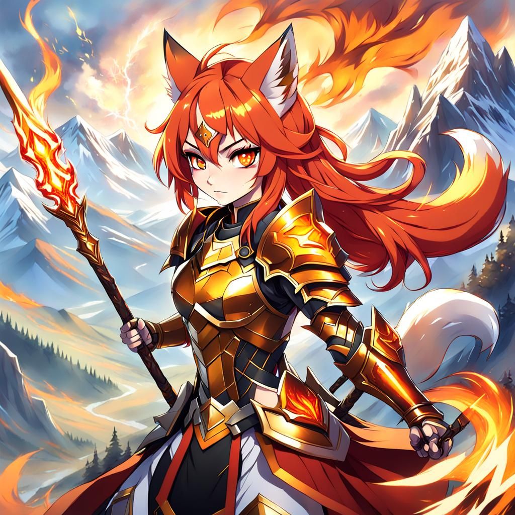fox anime girl portrait with fiery red and orange hair, fierce golden eyes, and armor inspired by nature. She’s wielding a magical staff, wi...