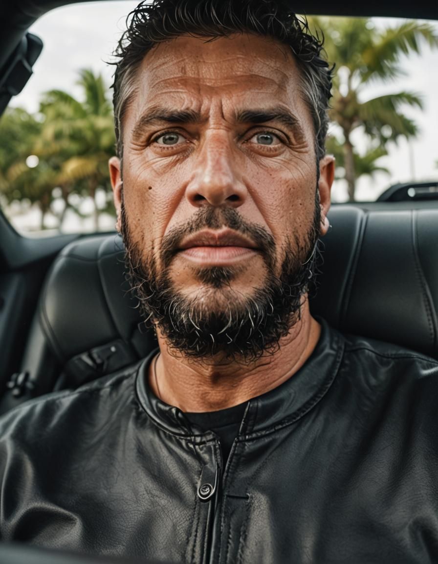A serious man sits in a black Maserati without a roof and dr...