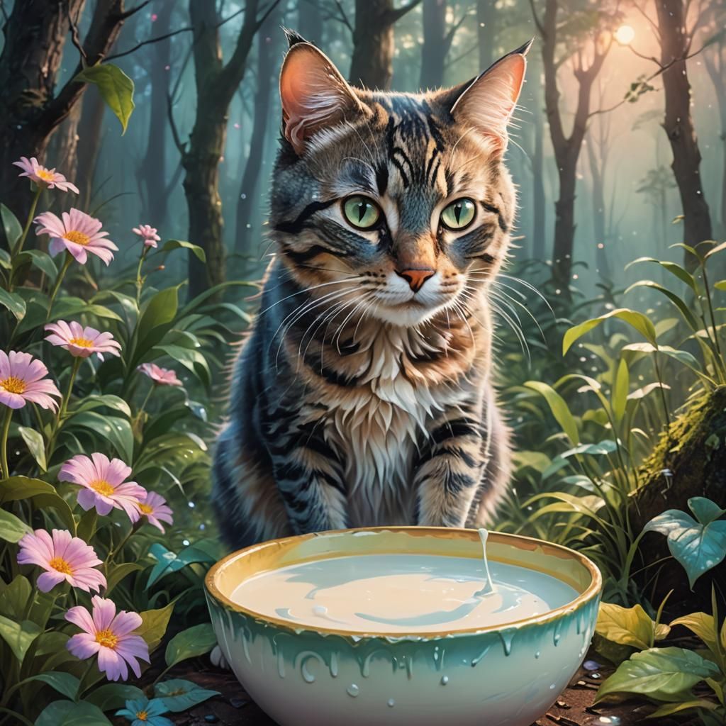 Mischievous Cat Guarding Milk in Mystical Forest