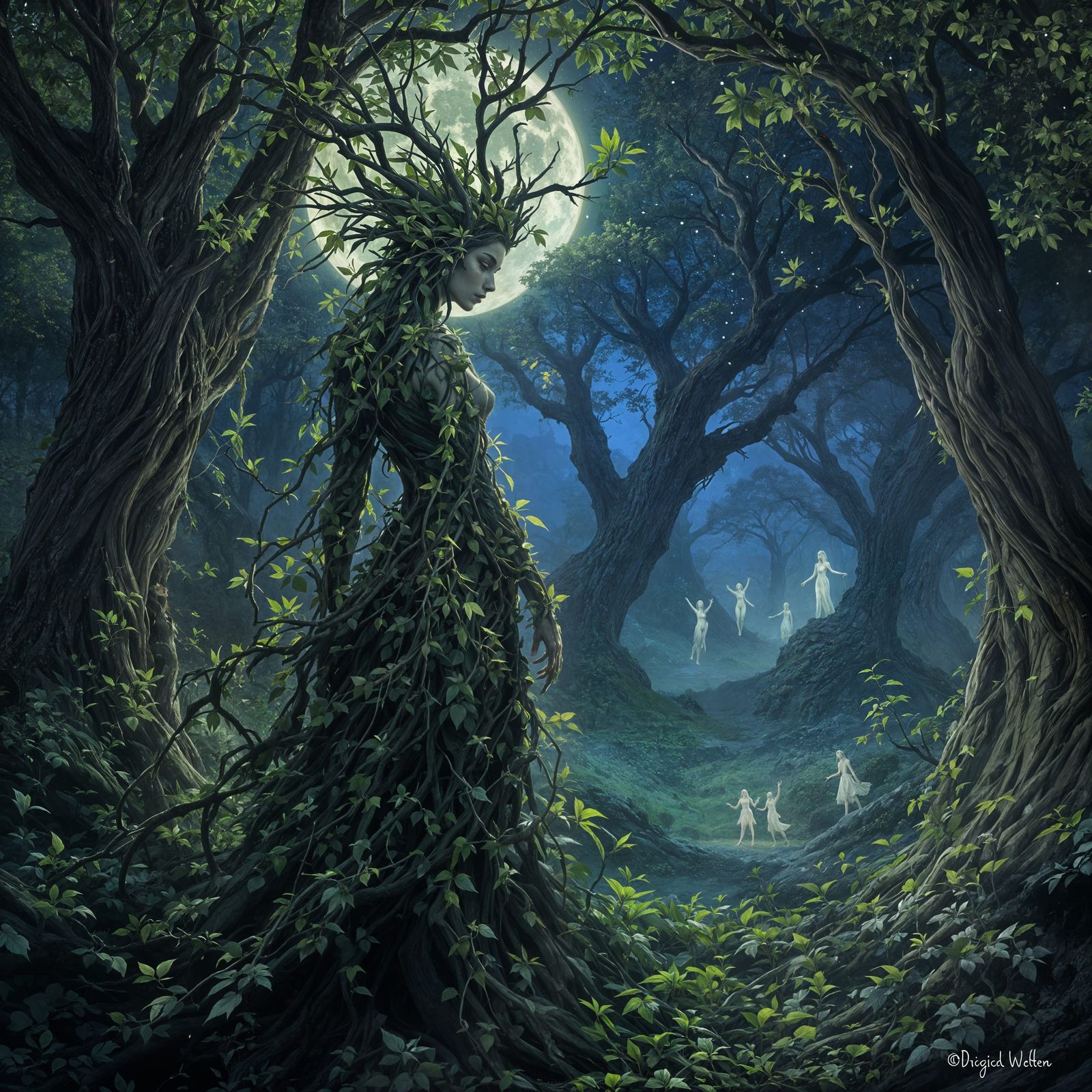 A mystical dryad witch, clothed in intricate attire made from verdant leaves and interlacing vines, stands ...  by @Eldesh