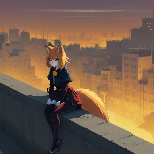a fox girl siting on a wall