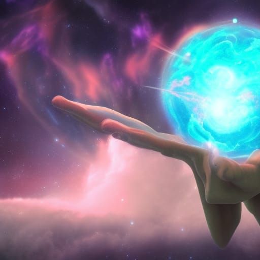 Nebula in the universe behind an Angel holding planet earth