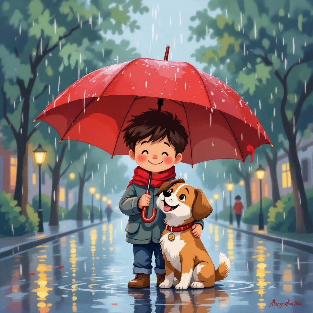 Boy and Dog Under Umbrella on Rainy Day