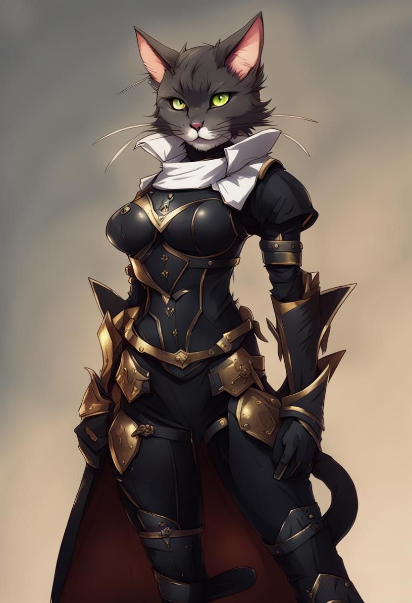 anthropomorphic black cat wearing armor and clothes by artis...