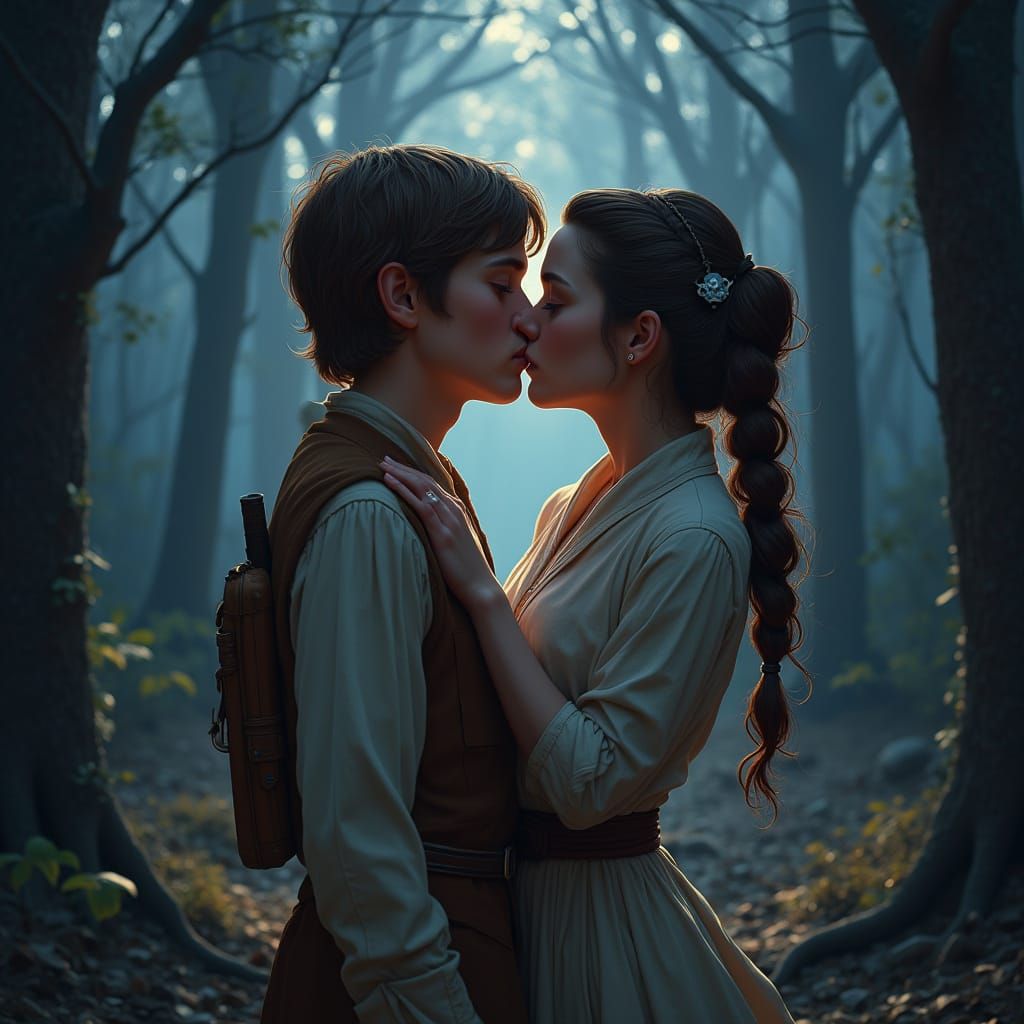 Romantic Galactic Kiss in Mystical Forest