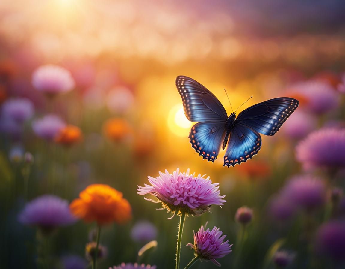 Beautiful butterfly hovering Flower in early sunrise, beautiful sun-rays, flower field, magnificent Composition Professional photography, bo...