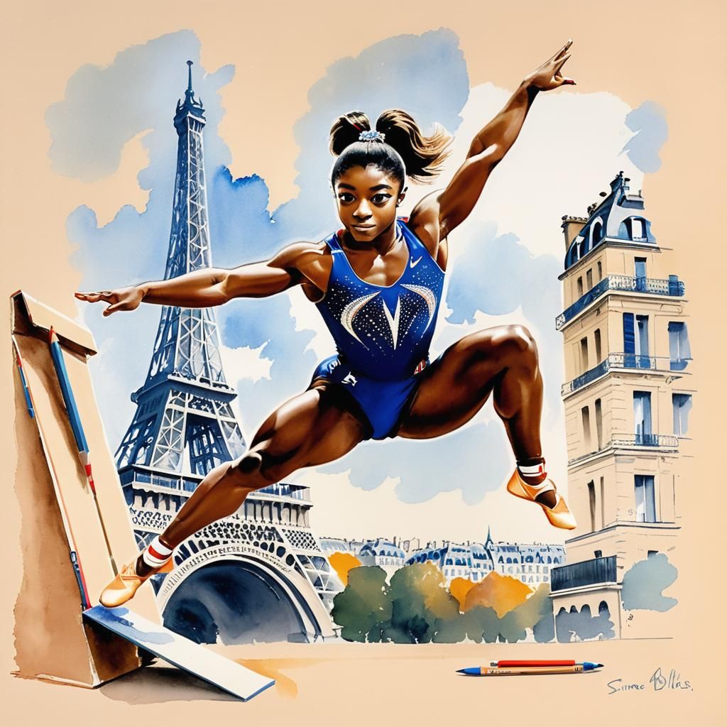 Paris, Simone Biles VAULT, Trompe-l’œil Crayon/Pastel // Berthe Morisot …