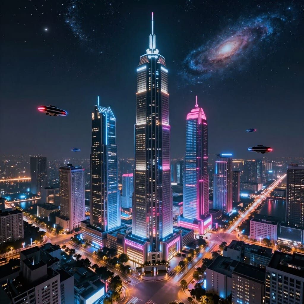 Futuristic City at Night with Neon Lights and Flying Cars