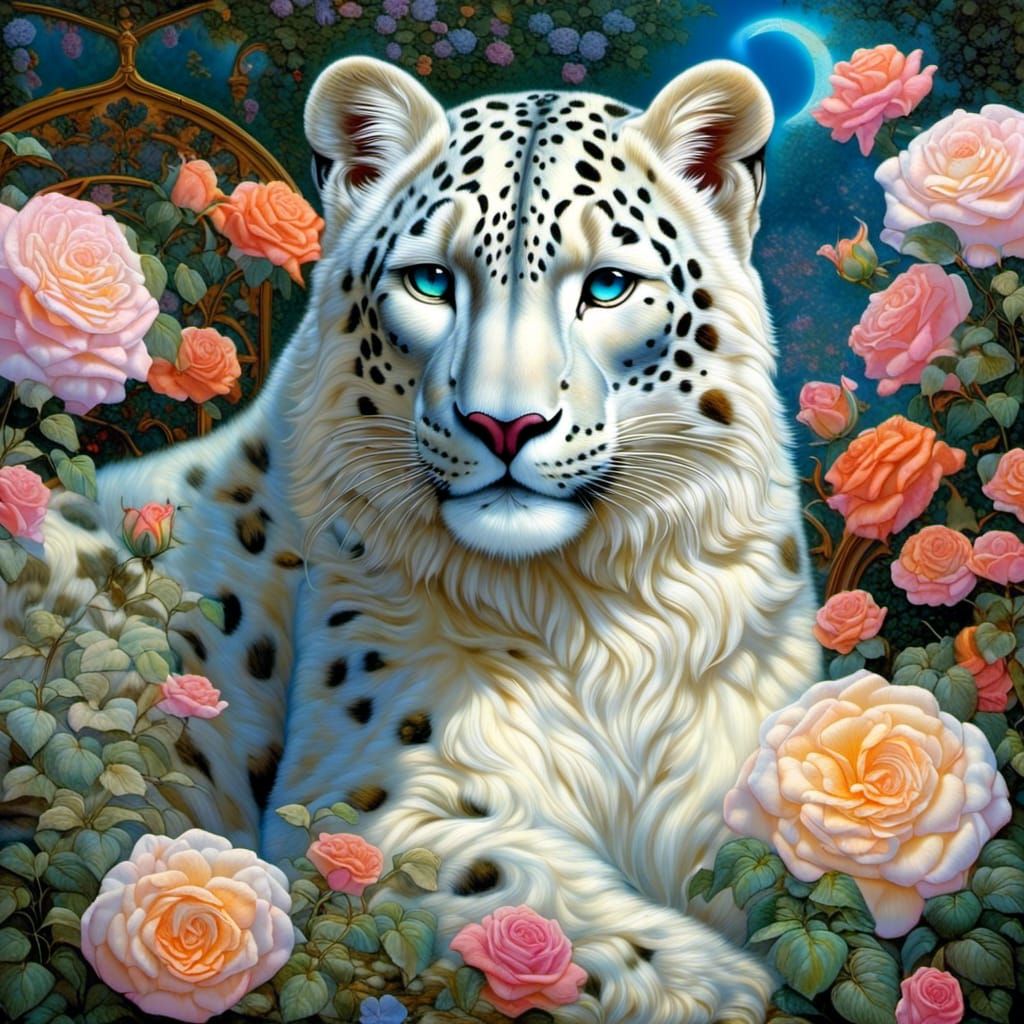Absolutely stunning, elegant snow leopaed amid the multi-hued blooms of a rose garden, digitally enhanced, dazzling flower garden, hyperreal...