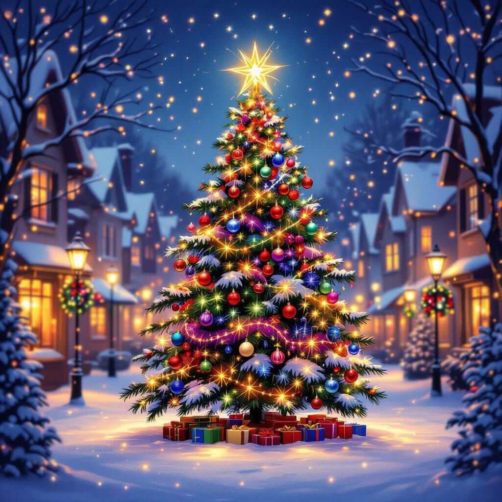 A beautiful christmas tree in the town center. A big star on the top. 