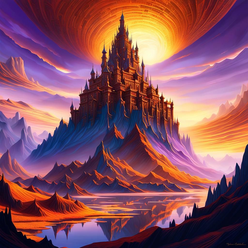 Majestic Dawn Over Mountains: Fantasy Landscape in Golden Li...
